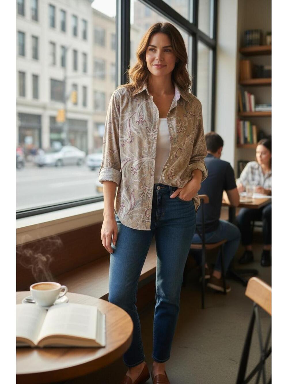 Chaps Beige Paisley Print Button-Up Shirt SZ 1X